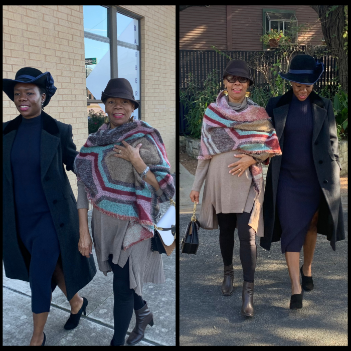 Austin Moms - Shani Montique-Ahmad walking with mom and wears a winter church hat